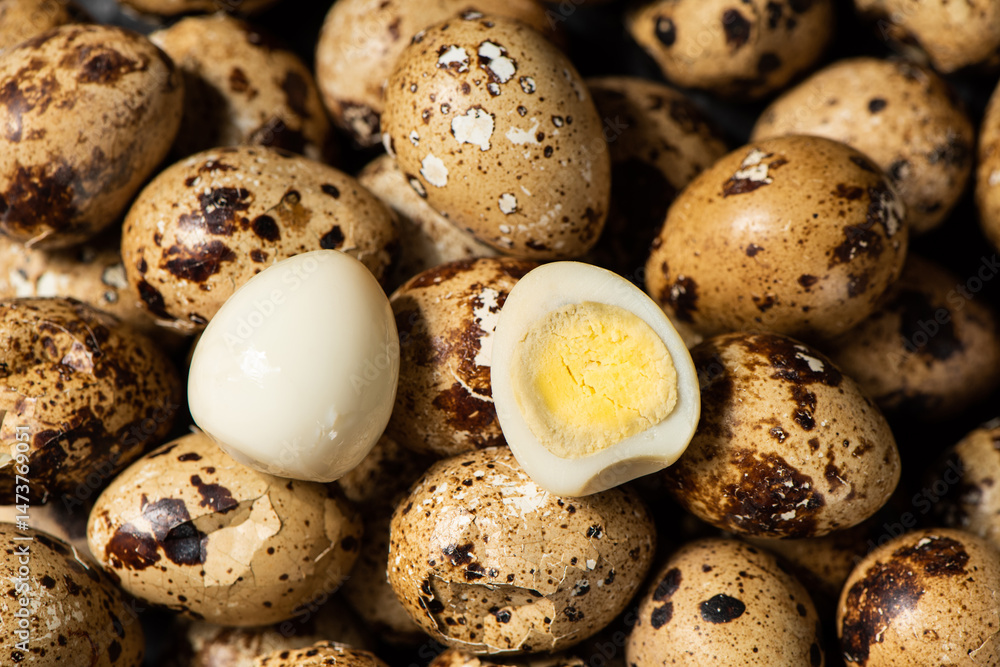 colseup of cooked quail eggs background.