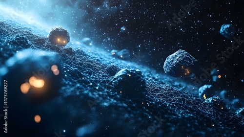 Explore a simulated cosmos! Polygonal terrain meets glowing geometric shapes amidst a star-filled expanse, blending digital art and astronomy. Abstract wireframe in dark blue.