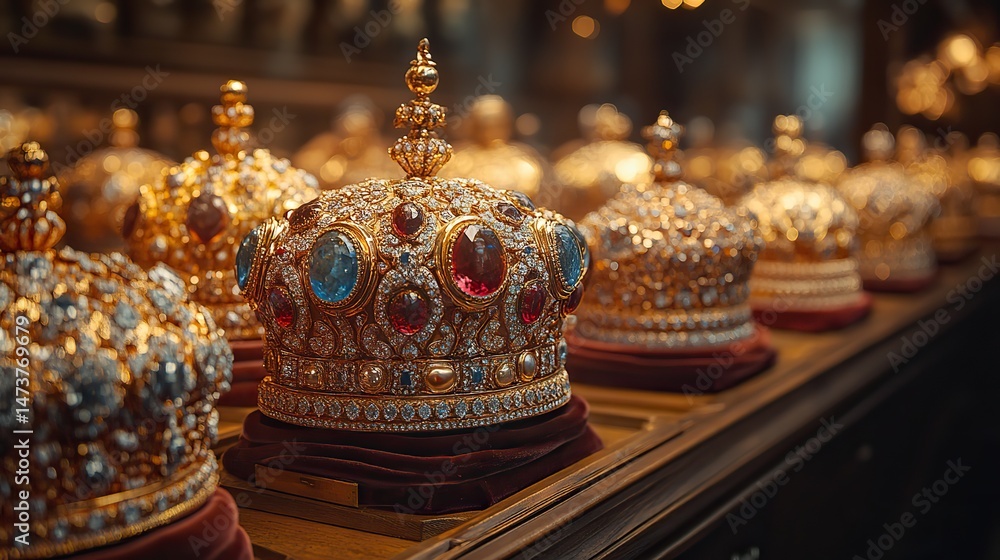 Obraz premium Golden crowns rest upon the heads of monarchs, symbolizing their authority and power in a formal portrait that conveys regality and leadership