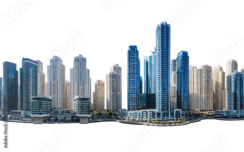 Modern business city skyline of urban downtown skyscrapers, isolated on transparent white