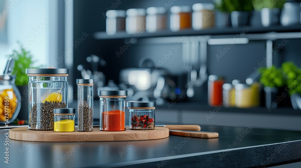 Stylish kitchen featuring glass spice jars with various spices on a wooden tray. Stylish kitchen featuring glass spice jars with various spices on a wooden tray.