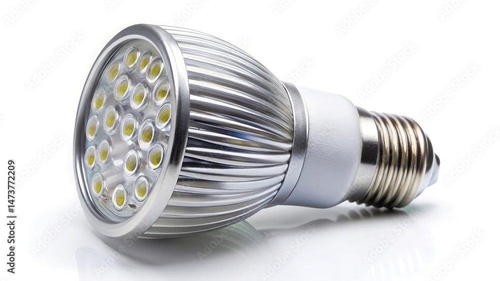 Modern led light bulb displaying a cluster of tiny light emitting diodes on white backdrop Modern led light bulb displaying a cluster of tiny light emitting diodes on white backdrop
