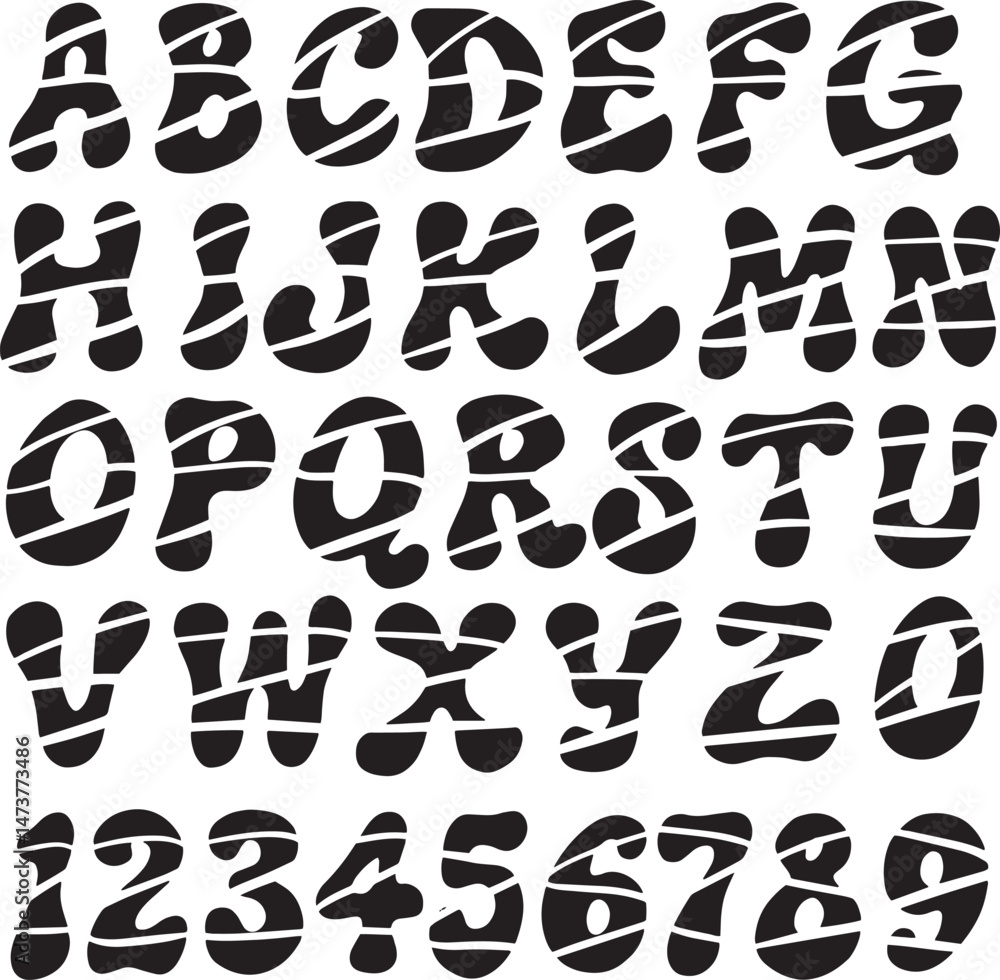 Obraz premium Hippy 60s Retro Wobbly typography font lettering ABC cartoon vector text