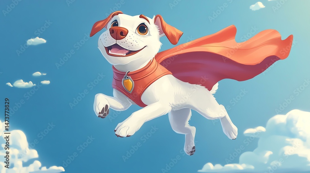 Naklejka premium A dog wearing a cape joyfully flies through the sky. It’s a whimsical and dynamic image.