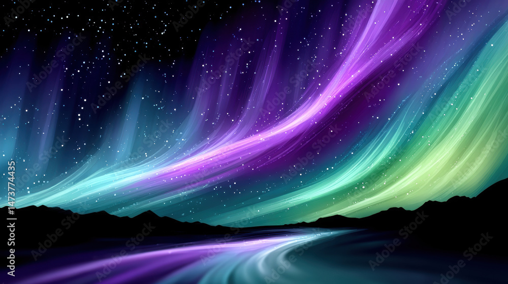 Fototapeta premium Northern lights with flowing ribbons of purple, green, and blue colors illuminate starry night sky above dark mountain silhouettes and reflective water surface, creating magical atmosphere