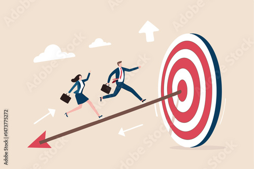 Business achievement, improvement goal, success target or career growth concept, confidence businessman and businesswoman working team running up archer arrow which hitting bullseye target.