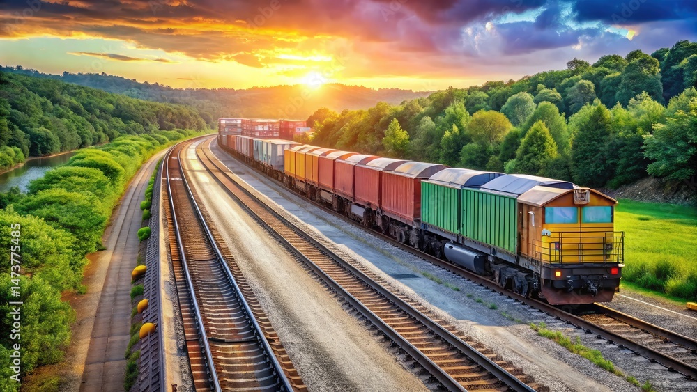 Fototapeta premium Freight train journeying through lush green landscape under a dramatic sunset sky