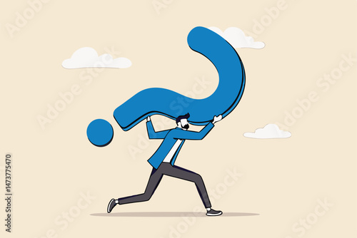 Hard question with no answer or solution, critical business problem, doubtful or stress burden concept, frustrated tried businessman carrying heavy big question mark sign burden.