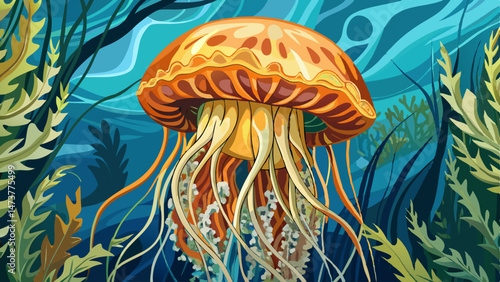 portrait Closeup underwater photography jellyfish Chrysaora fuscescens, Pacific sea nettle, West Coast sea nettle  Very beautiful