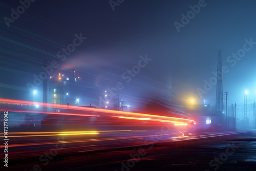 Long Exposure of Trucks Creating Light Trails Around Industrial Plant at Night with Foggy Smog