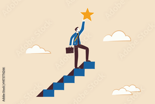 Hope to success in business, accomplishment or reaching business goal, reward and motivation concept, smart confident businessman climb up stair to the top to reaching to grab precious star reward.