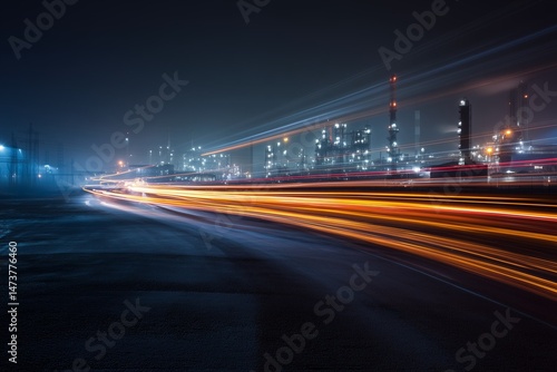 Long Exposure of Trucks Creating Light Trails Around Industrial Plant at Night with Foggy Smog