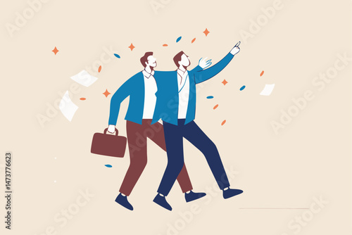 Merger and acquisition, company join force or partnership working together for new opportunity and successful concept, businessmen merging together celebrating and ambitious for bright future.