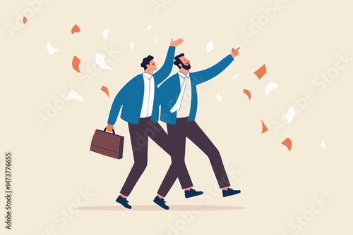Merger and acquisition, company join force or partnership working together for new opportunity and successful concept, businessmen merging together celebrating and ambitious for bright future.