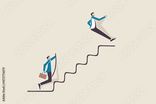 Shortcut for business success, stairway or step to career growth, get rich fast or strategy to achieve target concept, smart confidence businessman climbing up stair with special shortcut to success.
