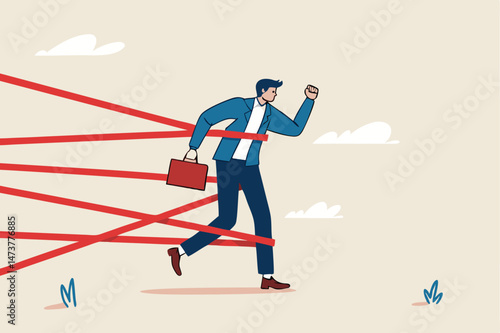 Business difficulty or struggle with career obstacle, limitation and trap or challenge to overcome to success concept, businessman tied up with red tape trying to run away with full effort.
