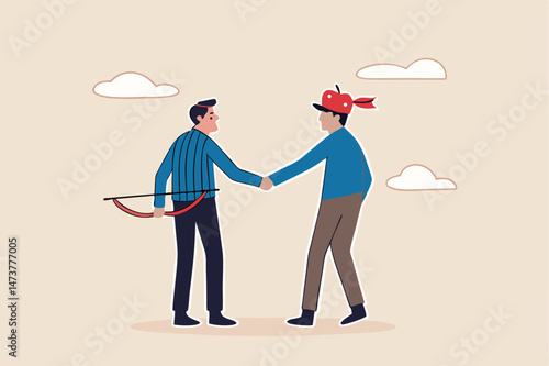 Trusted partner, believe and confidence in strong business relation, collaboration or trust alliance concept, businessmen shaking hands agreement after finished danger risky apple shot archery show.