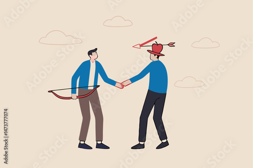 Trusted partner, believe and confidence in strong business relation, collaboration or trust alliance concept, businessmen shaking hands agreement after finished danger risky apple shot archery show.