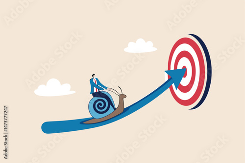 Slow business progress, laziness or procrastination, unproductive or efficiency concept, tried businessman riding snail slow walking on arrow to reach target.