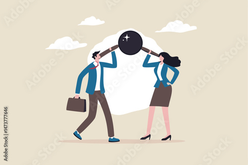 Sharing same business vision, teamwork strategy to achieve goal together, work collaboration to win same mission concept, business people team members using telescope to look into same visionary.