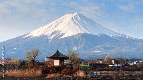 Aerial drone view of a temple with Mount Fuji on the background, Fujikawaguchiko, Japan