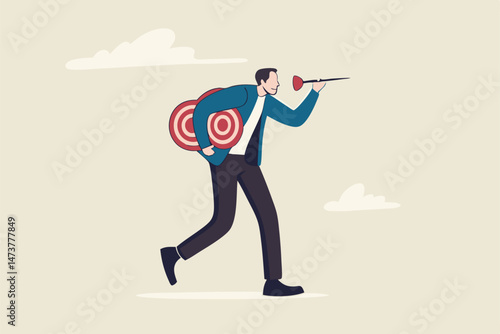 Handle multiple businesses simultaneously, multi purpose or multitasking, side hustle or side job concept, confident businessman carrying many dartboard target.