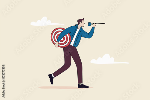 Handle multiple businesses simultaneously, multi purpose or multitasking, side hustle or side job concept, confident businessman carrying many dartboard target.