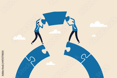 Business teamwork and partnership help to achieve team success, think together to solve business problem, business connection concept, businessmen working team building connect jigsaw puzzle bridge.