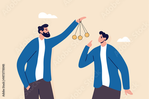 Leadership to control and manage employee, persuade client or customer, influence or manipulation concept, smart businessman boss using his watch to make his employee under hypnosis.