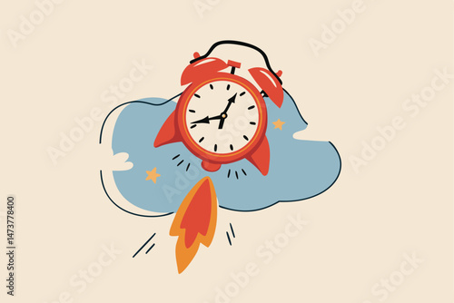Time to start new business, entrepreneurship to launch project or time management concept, ringing alarm clock with rocket booster successfully launching high into the sky.