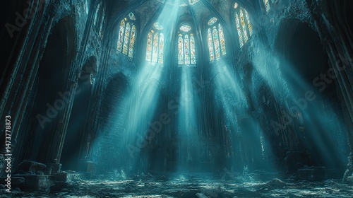 Indigo light filters through the stained-glass windows of a dilapidated, otherworldly cathedral Dust motes dance in the beams, illuminating decaying religious artifacts