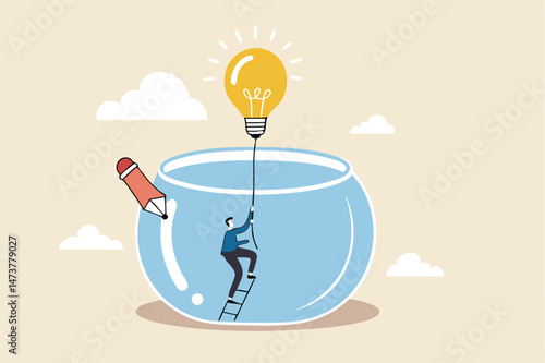Innovation to solve business problem, idea and creativity to achieve business success concept, businessman climbing the rope from light bulb idea to escape prison fish bowl.