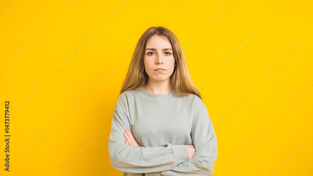 Fototapeta premium Serious young woman crossing arms on yellow background
