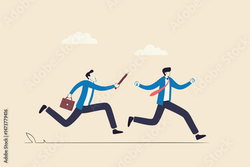 Business baton pass, relay, job handover or partnership and teamwork to help winning business concept, businessmen colleagues partner passing baton while running at full speed to achieve success.