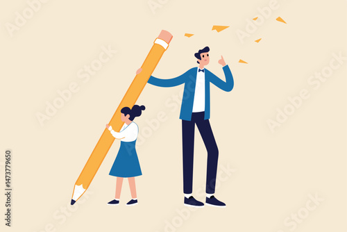 Coworker or boss takes credit of your work, dishonesty, stealing idea or plagiarism concept, young pity woman working hard holding big pencil with bigger businessman liar get reward from her work.