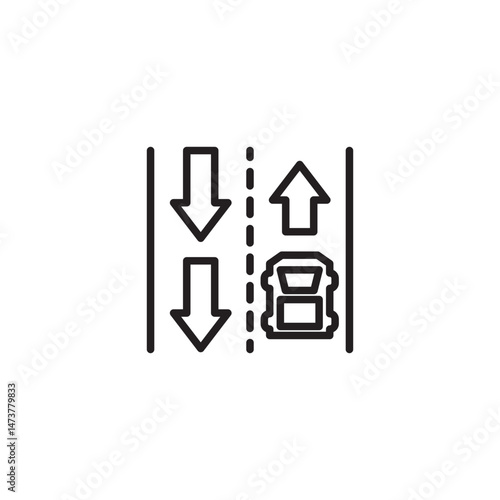 A car is in the right lane of a two-lane road. Arrows indicate the left lane is one-way going down, and the right lane is one-way going up.