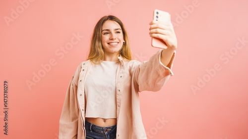 Foto Young woman taking selfie with smartphone on pink background