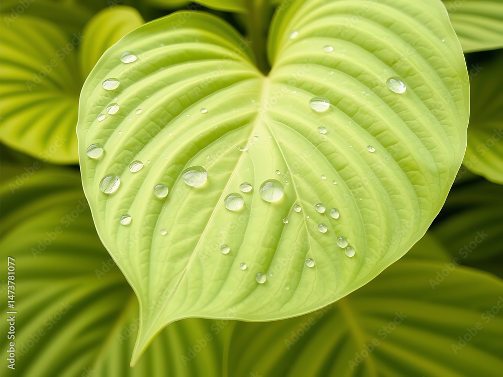 Obraz premium Closeup of a vibrant green Hosta leaf with water droplets