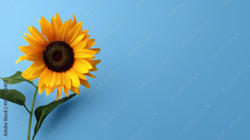 A vibrant sunflower with bright yellow petals and a dark brown center blooms beautifully against a calming light blue background in a studio shot setting today. A vibrant sunflower with bright yellow petals and a dark brown center blooms beautifully against a calming light blue background in a studio shot setting today.