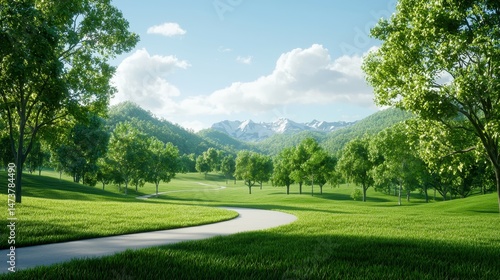 Lush green landscape with rolling hills and a winding path under a bright blue sky.