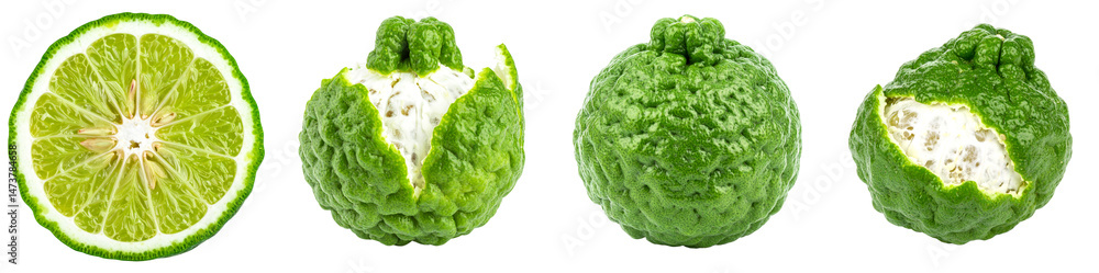 Obraz premium Fresh Kaffir Lime, Bergamot Fruit PNG set Transparent background