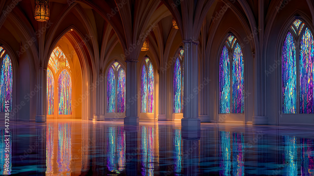 Naklejka premium Magnificent hall with stained glass windows
