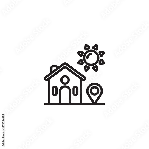 A simple house icon with a chimney and a doorway is shown under a stylized sun. A location pin stands to the right of the house, likely representing a sunny home location.