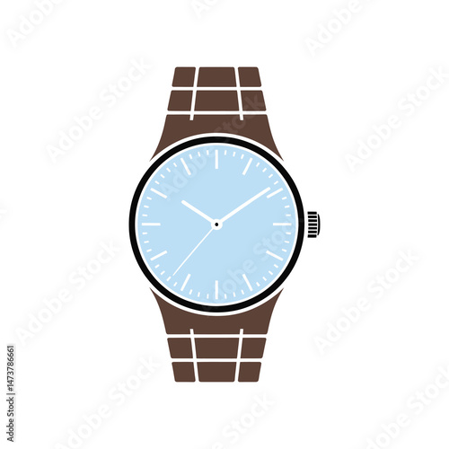 Isolated Elegant Analog Wristwatch with Light Blue Face and Brown Strap on White