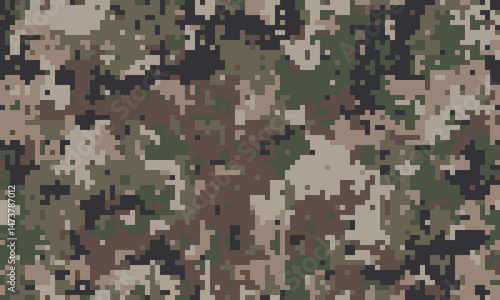 Abstract digital camouflage pattern.  Versatile texture ideal for military, hunting, fashion, and gaming designs.  Subtle earth tones blend seamlessly for effective concealment or stylish accents.