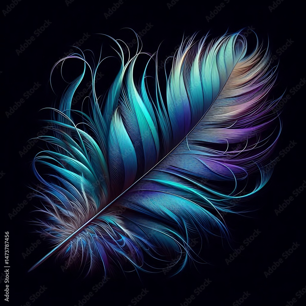 Fototapeta premium Delicate iridescent feather in teal and violet