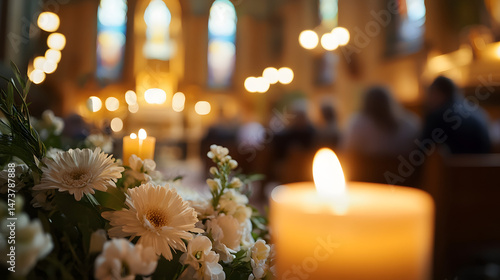 A candlelit table with two candles and a bouquet of flowers