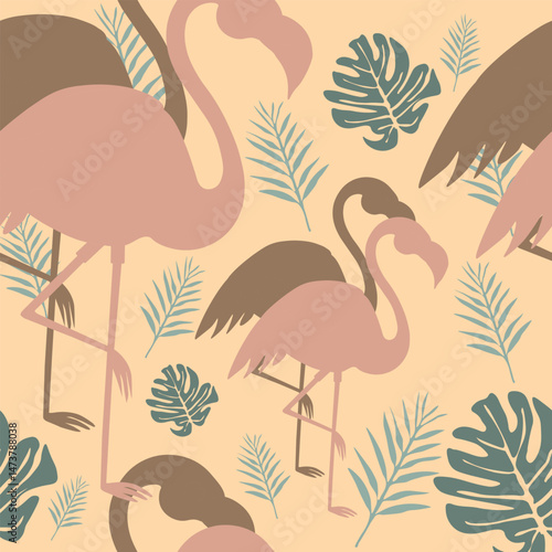 Soft pastel seamless pattern with flamingos and leaves on light background