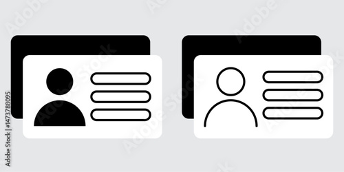 Identification card icon collection including driver license and ID templates in schematic line style for visual identity and document representation