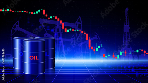 Chart of falling oil prices per barrel. Crude oil barrels on dark background. Analysis of fall of global energy markets. Influence of economic insiders. Market review. Investment strategies. Vector